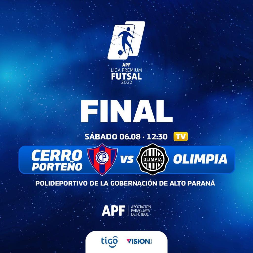 🥁 La Final Liga Premium Futsal 2022 🥁 el encuentro entre el @CCP1912oficial Vs @elClubOlimpia en el Polideportivo de la Gobernación de Alto Parana a 12:30 Hs.
🎫 en @TicketeaPy👈
Generales Cerro: Gs. 30.000
Generales Olimpia: Gs. 30.000
#SomosTicketea #APFPY #LigaPremiumFutsal