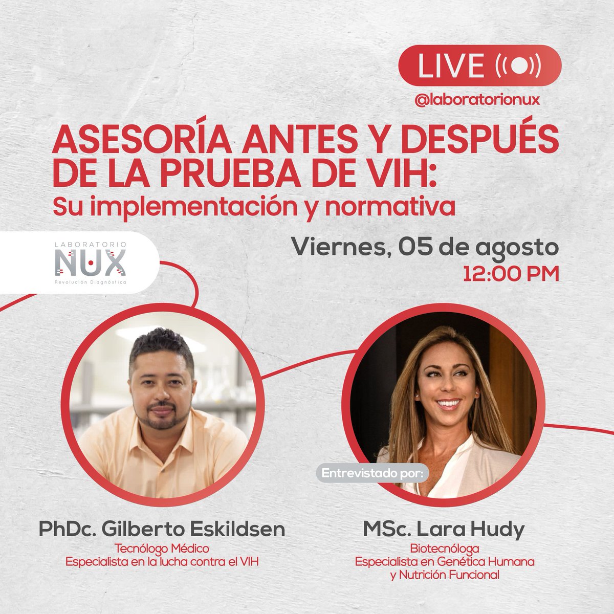 El día de mañana estaremos conversando acerca del diagnóstico del VIH y el cumplimiento de la asesoría antes y después de la realización de la prueba de laboratorio. 
Nos vemos a través de nuestro Instagram <a href="/laboratorionux/">NUX Laboratorio</a> ¡No te lo pierdas! 🧬