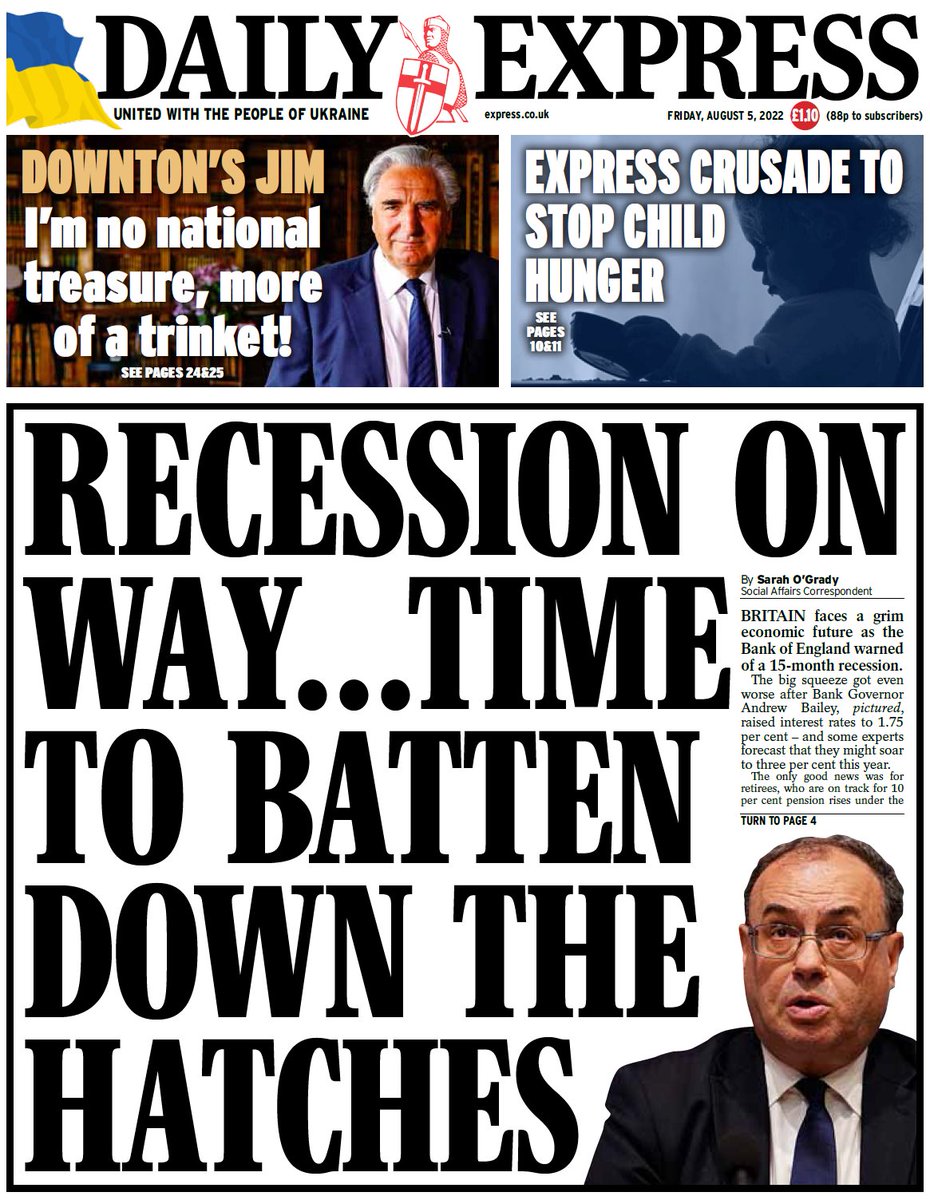 BBCNews's tweet photo. Friday's Express: "Recession on the way... time to batten down the hatches" #BBCPapers #TomorrowsPapersToday https://t.co/7FuHsAa3Vz https://t.co/JRpYUsAxFg