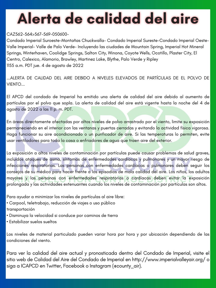 The National Weather Service is now publishing Air Quality Advisories for Imperial County. 
More info: weather.gov/psr/
----
El Servicio Meteorológico Nacional ahora está publicando avisos de calidad del aire para el condado de Imperial. 
Más info: weather.gov/psr/