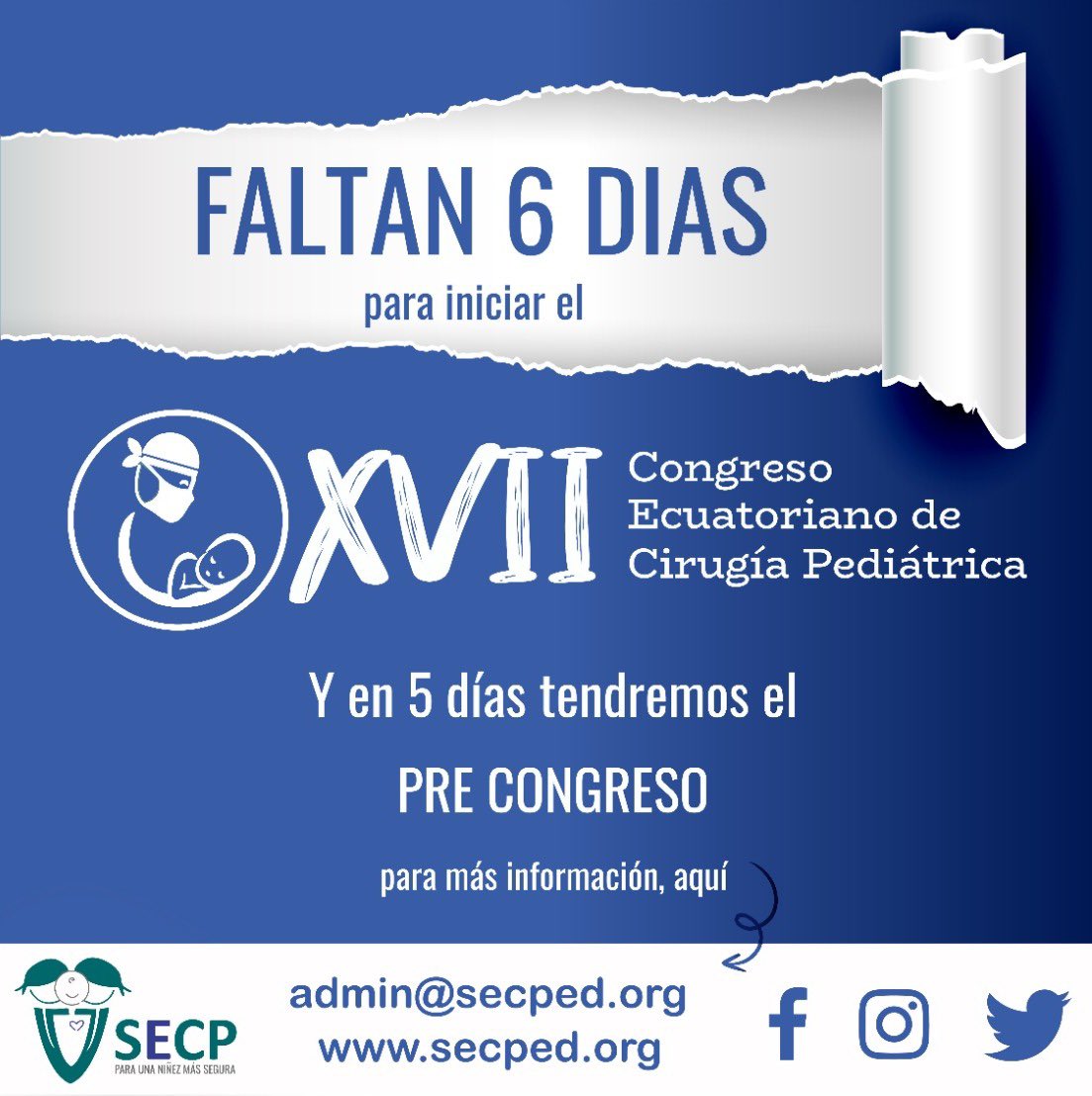 secirped's tweet photo. ¡Cada vez más cerca!

Solo faltan 6 días para el XVII Congreso Ecuatoriano de Cirugía Pediátrica que se desarrollará en la Ciudad de Portoviejo de la provincia de Manabí… 

¡Inscríbete ya! ⬇️
https://t.co/AkIgDZrW1k
https://t.co/KbYAWhDSip https://t.co/bHpVPw5UBp
