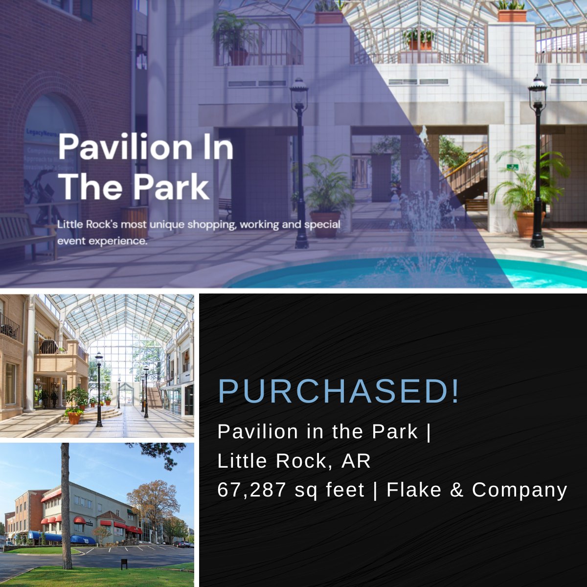 We're proud to announce the purchase of the Pavilion in the Park Shopping Center. "We are honored to purchase this property which is fully occupied and speaks to the desirability of this location," said John Flake. Learn more: bit.ly/3zxmAqC and bit.ly/3P0kLrG