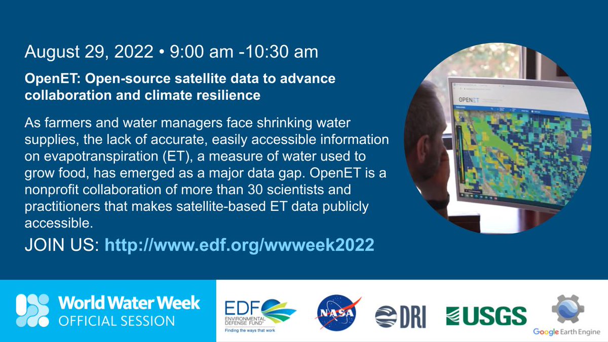 openetdata's tweet photo. @NASA @DRIScience @GoogleEarth @USGS and @EnvDefenseFund joined forces to create @OpenETdata to create more resilient water and food systems in the western U.S. Learn more, RSVP and submit a question for our session @WWWeek Aug. 29. https://t.co/t0eBUy1R7b https://t.co/2RjaL89p3d