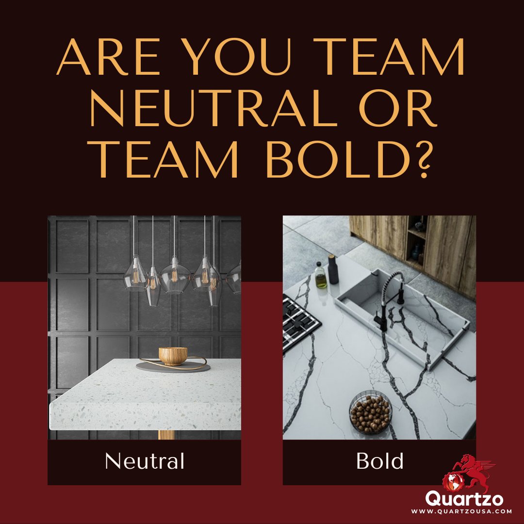 Are you #TeamBold or #TeamNeutral? Whichever you choose, you're sure to find your style at Quartzo USA. Visit our website to see our full #quartz color collection and schedule your free no-obligation consultation. #stone #marble #granite #naturalstone #luxurystone