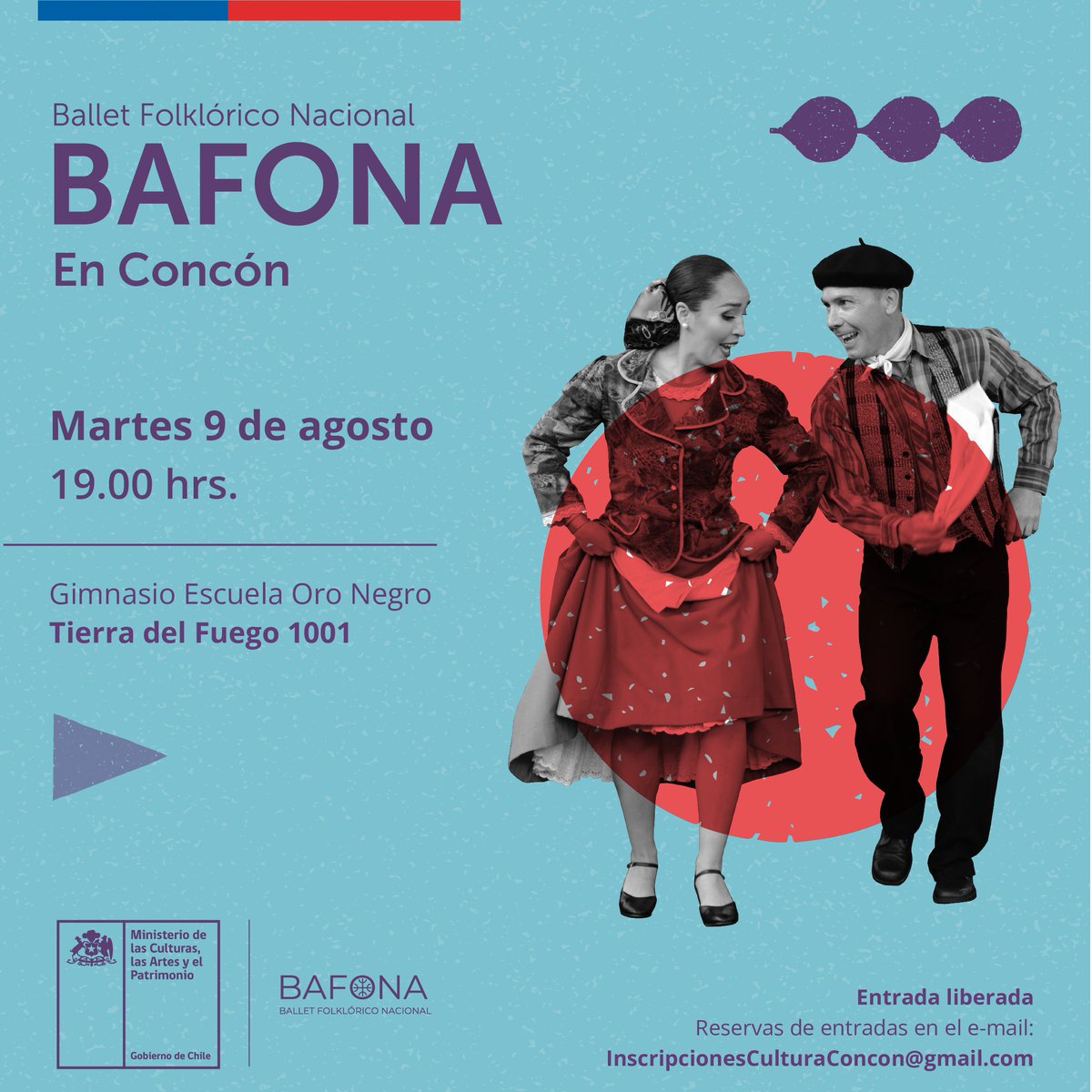 💃¡Bafona vuelve a la Región de Valparaíso!🕺
👉El próximo martes 9 de agosto el Ballet Folklórico Nacional se presentará en la Escuela Oro Negro de Concón, a las 19 horas.
📲Asegura tu entrada en 👇👇inscripcionesculturaconcon@gmail.com