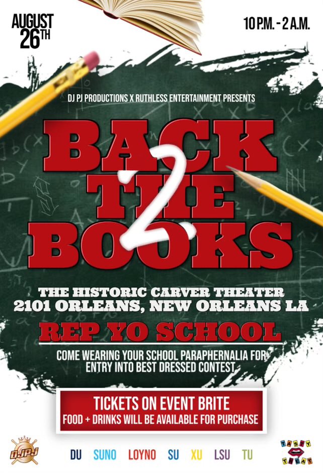 marieg_02's tweet photo. Nola’s biggest back 2 school party! 
Come rep your school 

August 26th, 2022
10:00pm-2:00am
The Carver Theatre

Early arrival suggested 

With sounds by: @Pj_Wlkr 🎧🔥
#Back2TheBooks

Food, drinks, &amp; attractions👀

https://t.co/1tUtMIWBjn https://t.co/BGEJnc8z0l