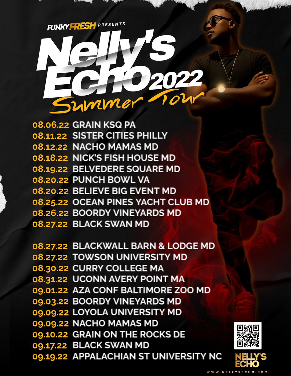 I’m going on tour. I’m going to have some fun. Feel free to eavesdrop, if you’re within earshot. 

The Nelly's Echo 2022 SUMMER TOUR🔥🔥🔥. Coming to states near you: Maryland, Delaware, Virginia, North Carolina, Massachusetts and more to come...

#nellysecho #tour #musician
