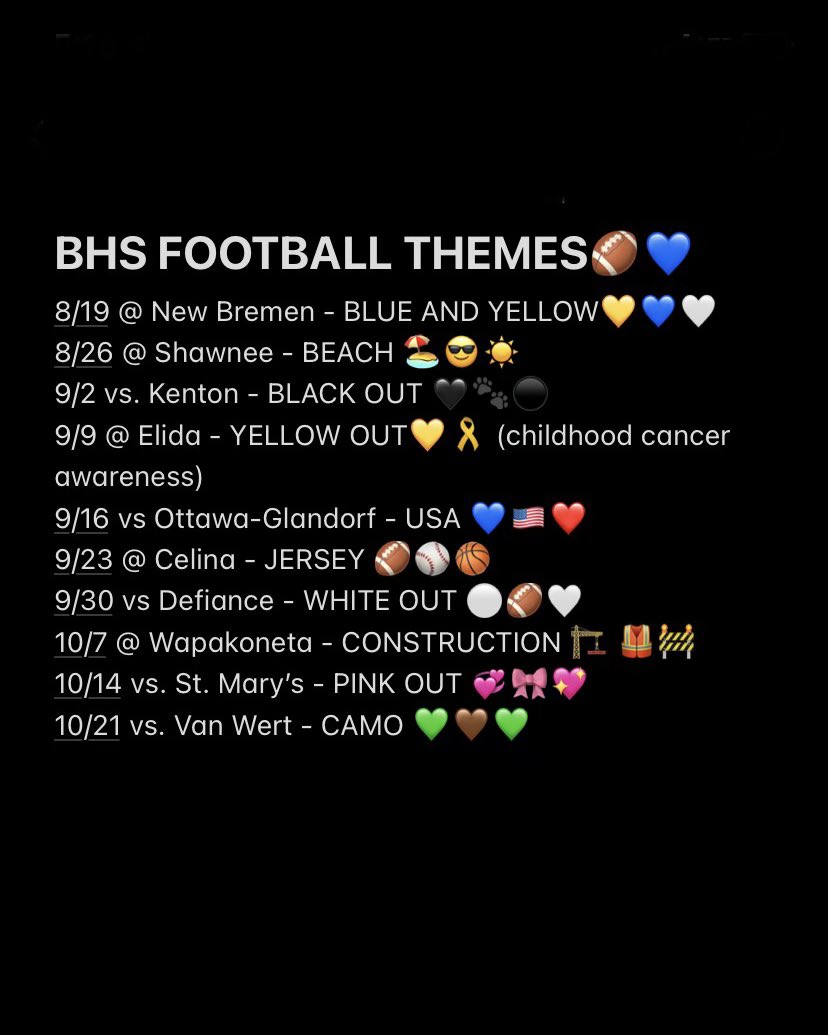 BathHS_PawPrint's tweet photo. 🚨 ATTENTION BHS STUDENTS 🚨
These are the themes for each football game this season! https://t.co/mqnDUYlJSc