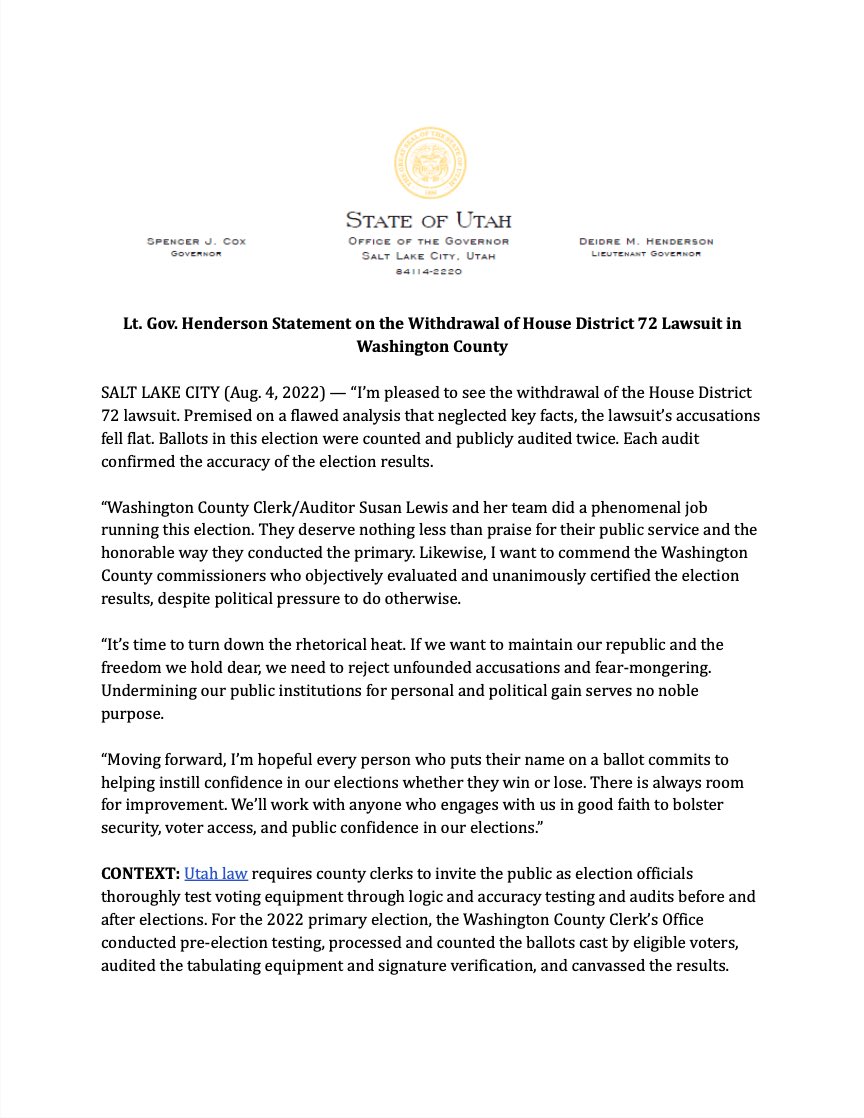 LGHendersonUtah's tweet photo. My statement on the withdrawal of the House District 72 lawsuit. https://t.co/cvUbITdptE