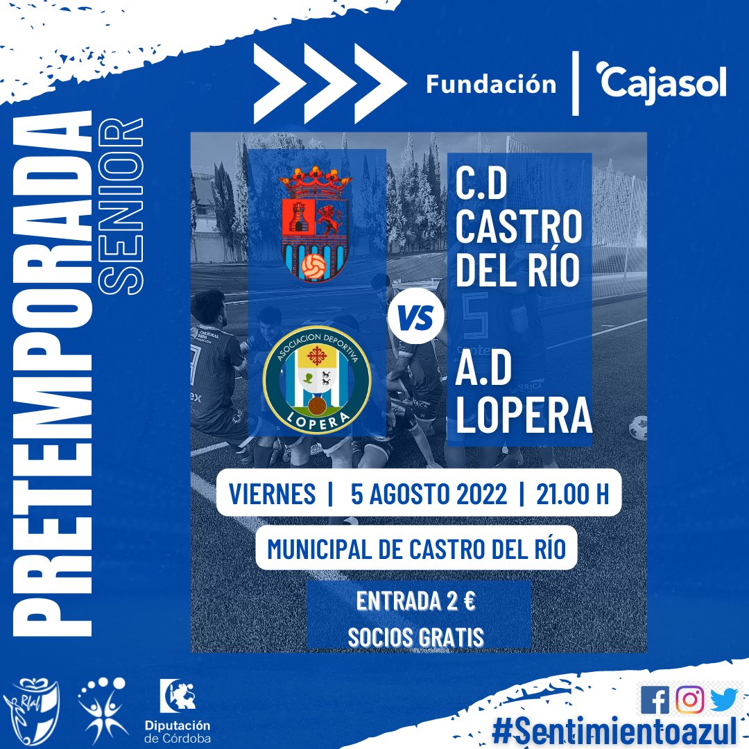 🔵¡¡Mañana jugamos!!

No te pierdas el primer test de pretemporada de los nuestros en casa ante la Asociación Deportiva Lopera 

⏰: 21.00 H
🏟: Municipal
🎟️: Entrada 2€ a partir de los 10 años de edad
🎫: Abonados gratis.

#pretemporada 
#SentimientoAzul 
#ElMejorFichajeEresTu