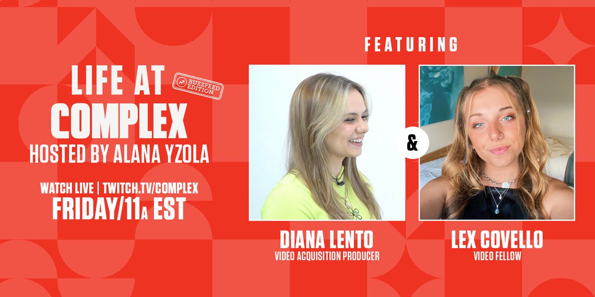ComplexPop's tweet photo. #LifeAtComplex will be live on Twitch FRIDAY, at 11am EST. 🕚🎙

Join Lex Covello &amp; @cuppa_soup for the episode. Hosted by @AlanaMYzola. https://t.co/fcfxT1ip86