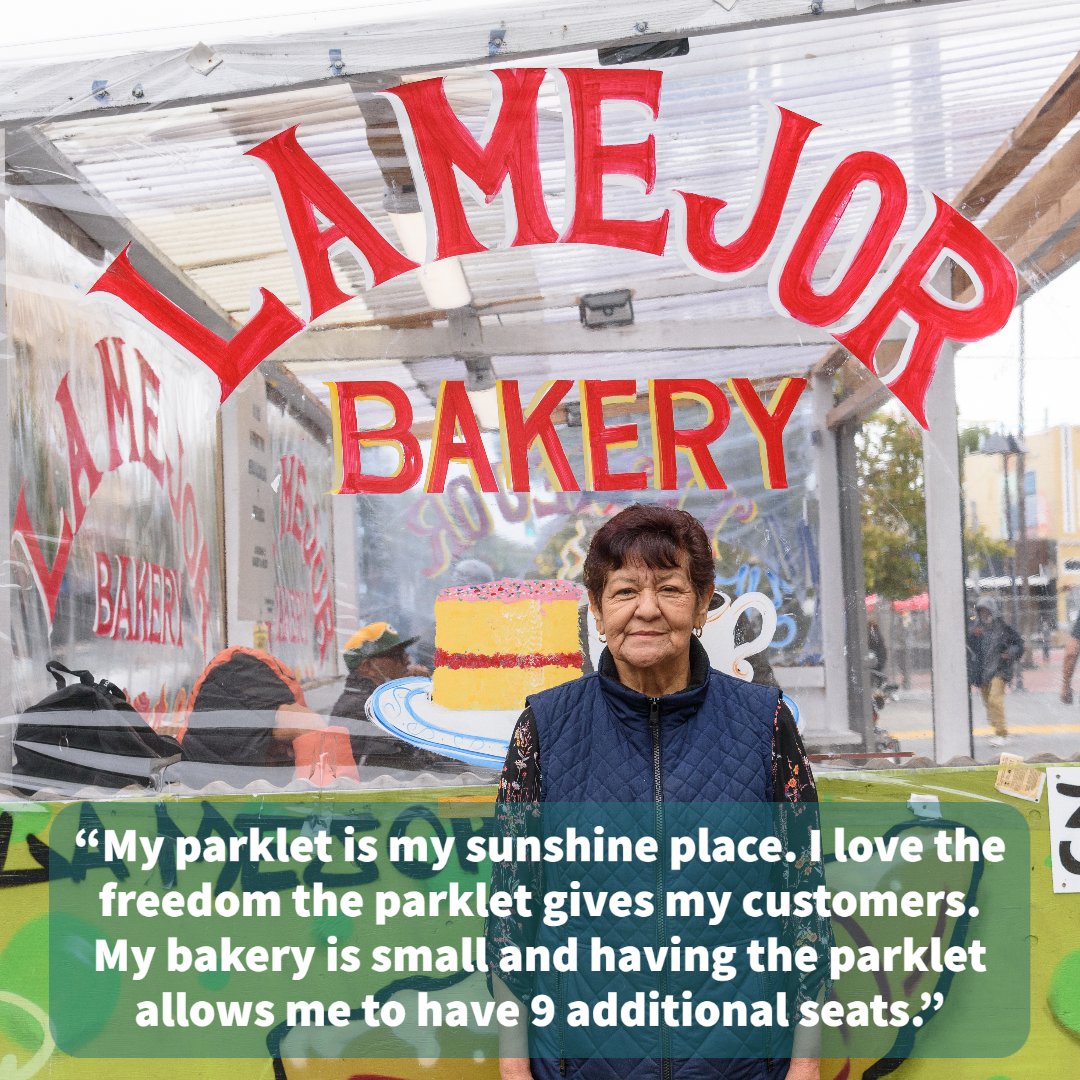 SharedSpacesSF's tweet photo. Our Shared Spaces Hero this week is Carmen Elias, owner of La Mejor Bakery in the Mission. "My parklet is my sunshine place. I love the freedom the parklet gives my customers. My bakery is small and having the parklet allows me to have 9 additional seats." #sharedspacessf https://t.co/YNB8LalGYR