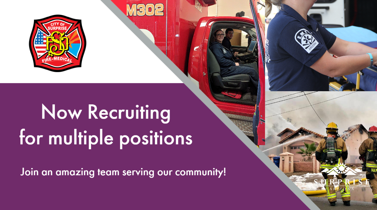 Recruitment application periods-
EMS Coordinator: Currently-Aug 15
EMTs &amp; Paramedics: Aug 22-Sep 12
Firefighter Recruits: Sep 1-30