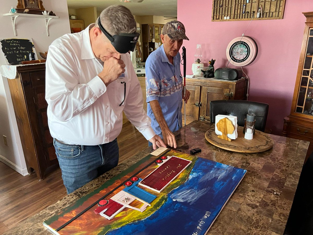 GeneralMcGuire's tweet image. We drove down to Green Valley today to meet Harry Pike and accept the amazing painting he made in support of our campaign. He told me about how he lost his sight, and how he created this artwork with the help of the Lord. I will never forget him.