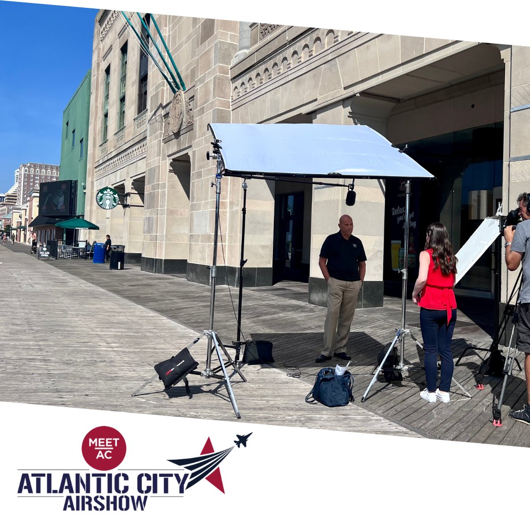 AcAirshow's tweet photo. #TBT – Our media sponsor @NBCPhiladelphia is gearing up for our 2022 @Meet_AC AC Airshow on 8/24! Reporter @SheilaWatko was onsite at @BoardwalkHall in #AtlanticCity recently filming promos for the Airshow with Col. Routt of the @177thFW &amp; Larry Seig, President of Meet AC! https://t.co/K2M6Y5Hl5g