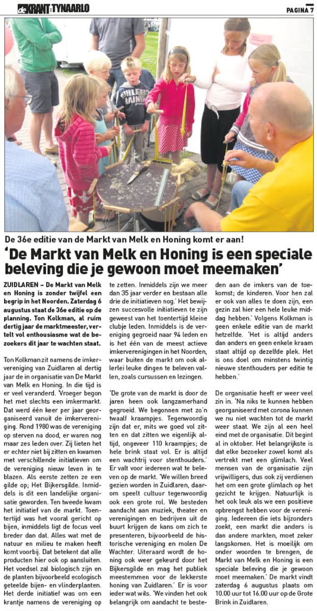 Krantenartikel in De Krant van Tynaarlo week 31 - 3 augustus 2022:
De 36e editie van de Markt van Melk en Honing komt er aan! 
"De Markt van Melk en Honing is een speciale beleving die je gewoon moet meemaken"
<a href="/KrantvTynaarlo/">De Krant van Tynaarlo</a> <a href="/MarktMelkHoning/">MarktvanMelkenHoning</a>