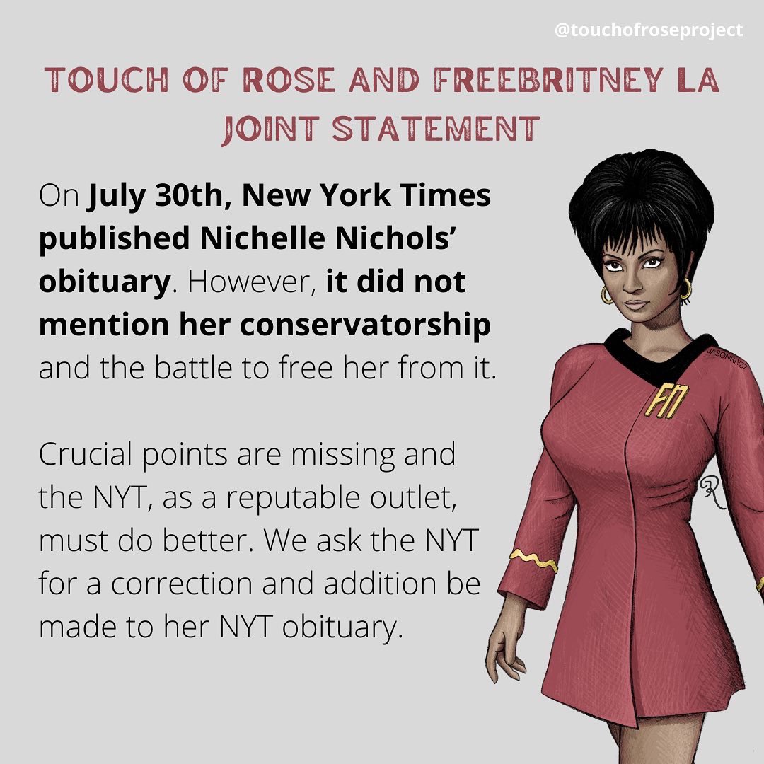 TouchofRoseProj's tweet photo. @TouchofRoseProj and @freebritneyla joint statement to @nytimes and the obituary article writer @bruceweber1103 
🌹🌹🌹🌹🌹
#nyt #nytobituary #endguardianshipabuse #touchofroseproject #freenichelle https://t.co/FbjyoNHShL