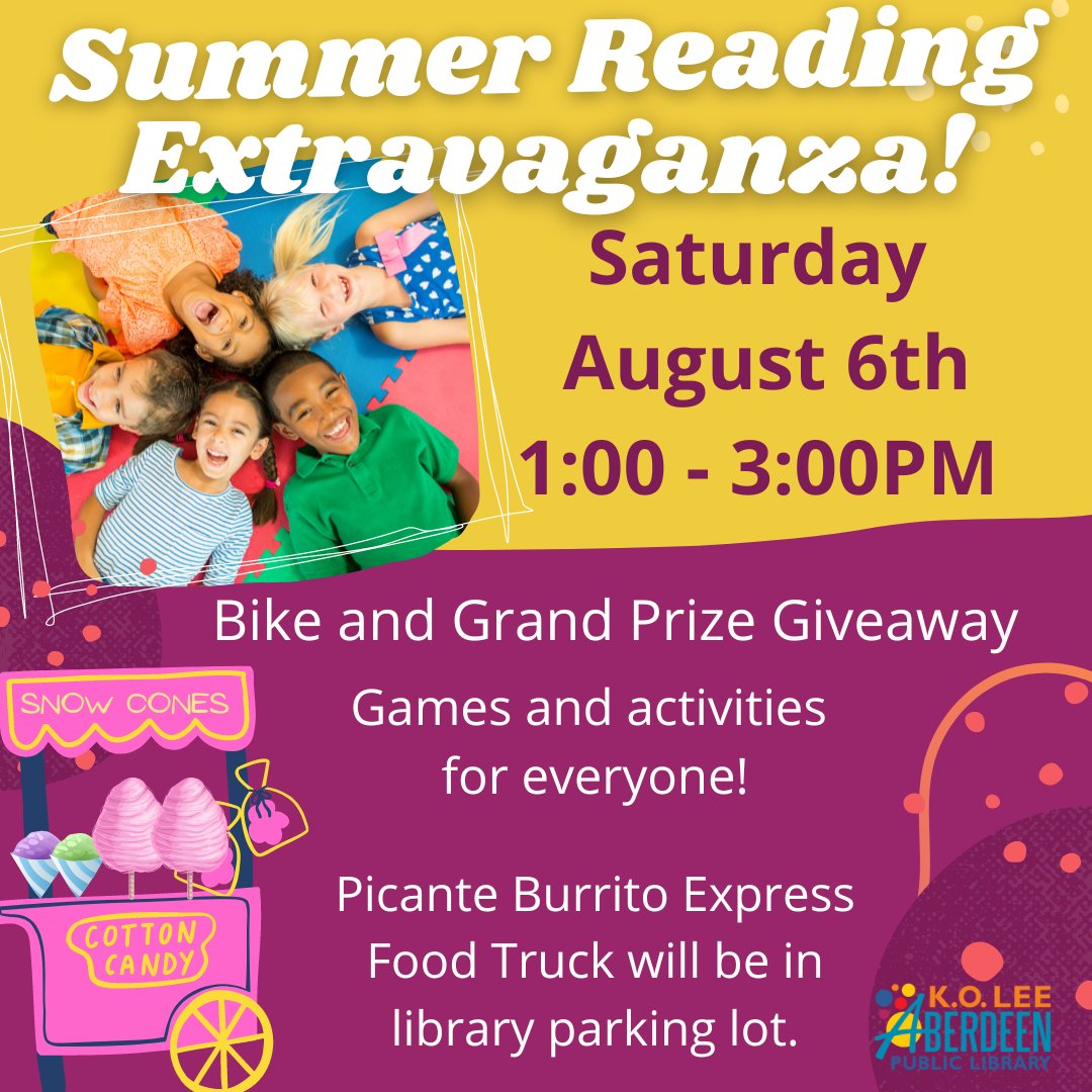 AberdeenPubLib's tweet image. Snow cones &amp;amp; cotton candy! Games &amp;amp; Activities!  Prizes and Giveaways! 

Join in the fun this Saturday!

#summerreading
#libraryparty
#koleeaberdeenpubliclibrary
#librarytrends