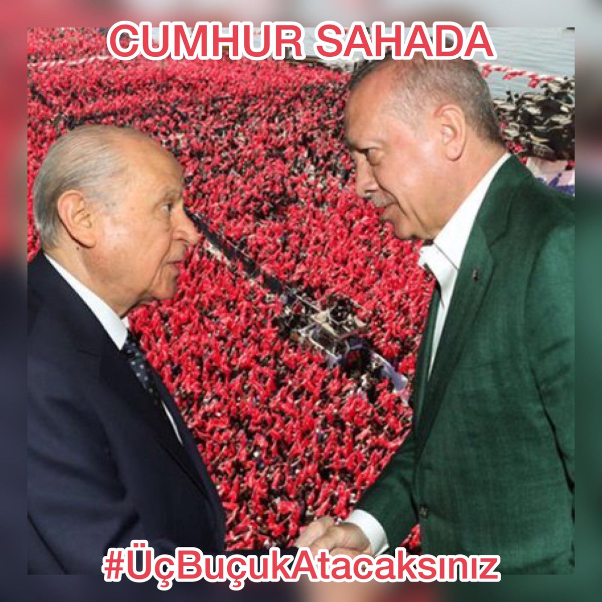 Reis Meydan Derse
Meydana İneriz 
Reis Savaş Derse 
Canımızı Veririz 
Sahada Olmaya Devam..

CUMHUR SAHADA 
6lı Masa 
#ÜçBuçukAtacaksınız 
@RTErdogan 
@dbdevletbahceli 
@suleymansoylu 
@erkankandemir