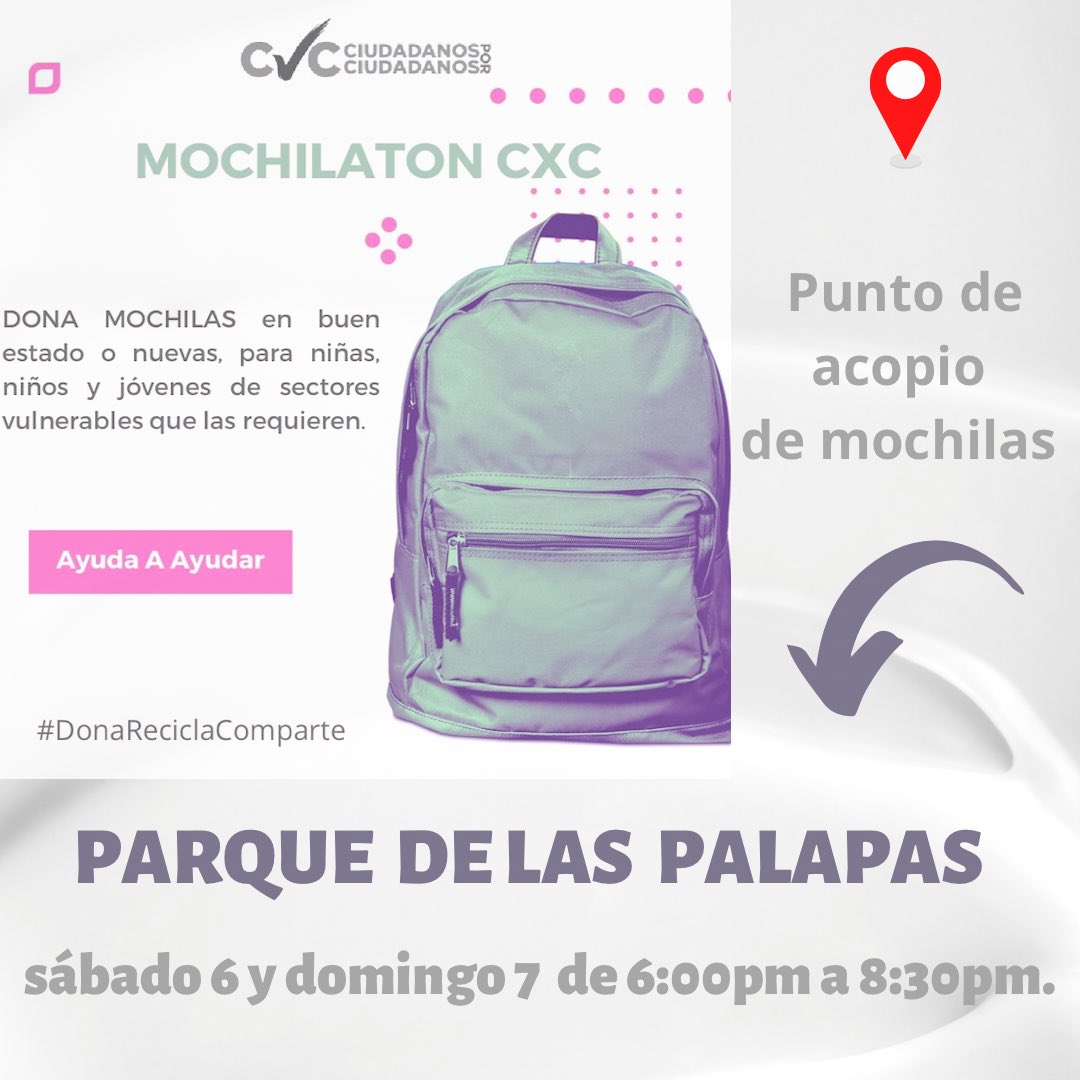 #MochilatónCxC DONA mochilas en buen estado o nuevas, este sábado y domingo en #ParqueDeLasPalapas ¡Te esperamos! 
#ciudadanosxciudadanos 
<a href="/josedelapena12/">Pepe de la Peña</a> <a href="/ray_polanco/">Raymundo Polanco</a> <a href="/luislomelin/">Luis A Lomelin</a> <a href="/MiguelCachoa/">Miguel Cachoa Morali</a>