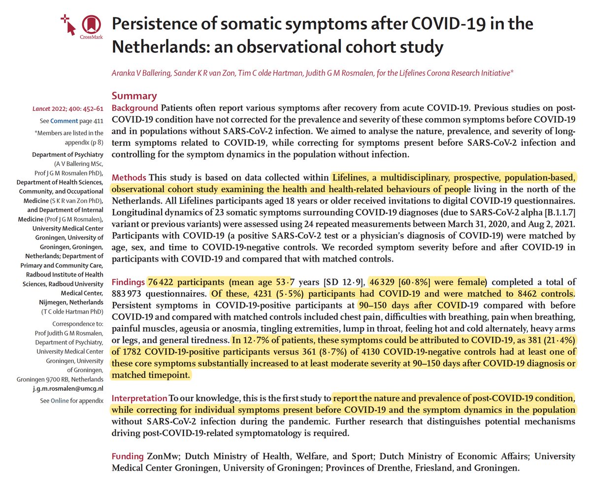New @TheLancet The first prospective study of #LongCovid with symptoms documented before Covid and w/age and sex-matched controls 1 in 8 people (12.7%) developed Long Covid after #SARSCoV2 infections thelancet.com/journals/lance…