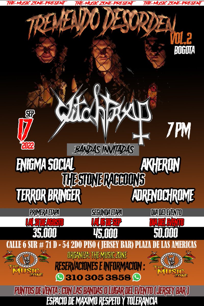 TSR_Punk's tweet photo. Un cartel brutal, haciendo la antesala de #Witchtrap en Bogota 17 sep,
Primera etapa hasta el 31 agosto. https://t.co/BiTj5ex8TA