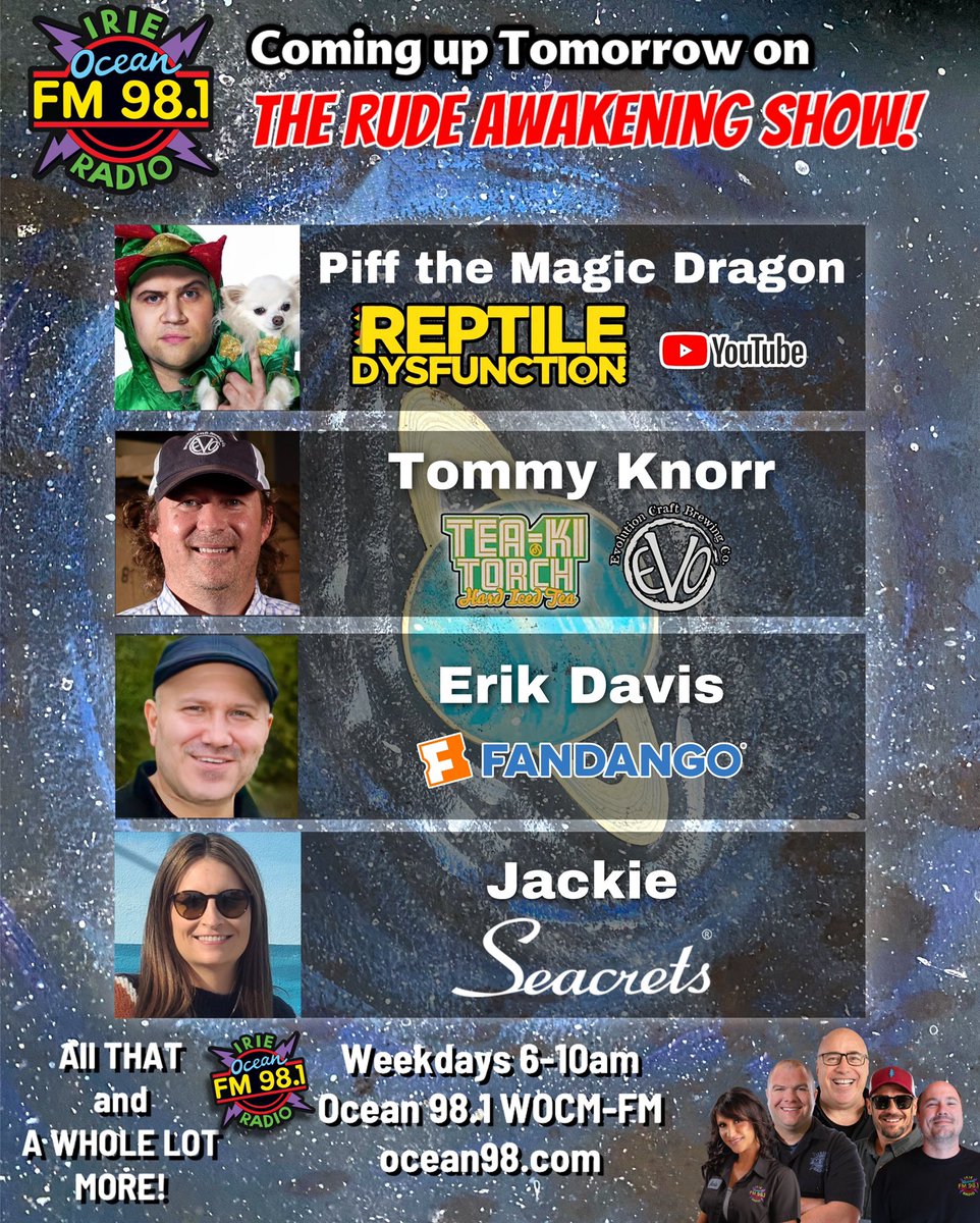 Ocean98WOCM's tweet photo. Coming up tomorrow morning! https://t.co/nA1za8XU0P
#ocean98 #ocmd #bulldogsrudeawakeningshow
#thecarstoremdde #thetruckstoremdde #seacrets #seacretsdistillingcompany #fandango #vudu #evolutioncraftbrewing #teakitorchhardicedtea #piffthemagicdragon #reptiledysfunction #youtube https://t.co/MUqTC6py8s