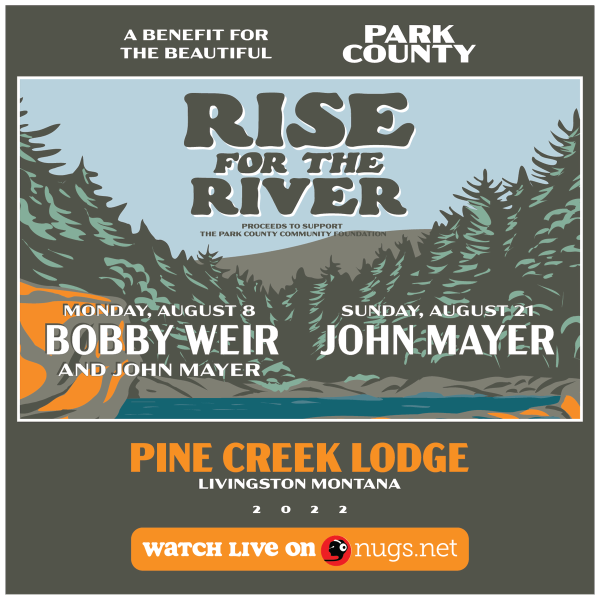 JohnMayer's tweet photo. Excited that we will be live-streaming the August 8th and August 21st ‘Rise For The River’ performances in Livingston, MT on @nugsnet.

A limited amount of ‘Rise For The River’ merch will be available to purchase or bundle with donations. https://t.co/F8tJcWhNYq https://t.co/6R8vnG4xJA