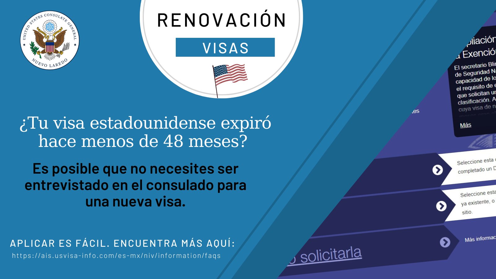 Uživatel USCG Nvo Laredo na Twitteru: „¿Sabías que si tu visa  estadounidense expiró hace menos de 48 meses, es posible que no necesites  ser entrevistado para una nueva visa? 🇺🇸 Aplicar es