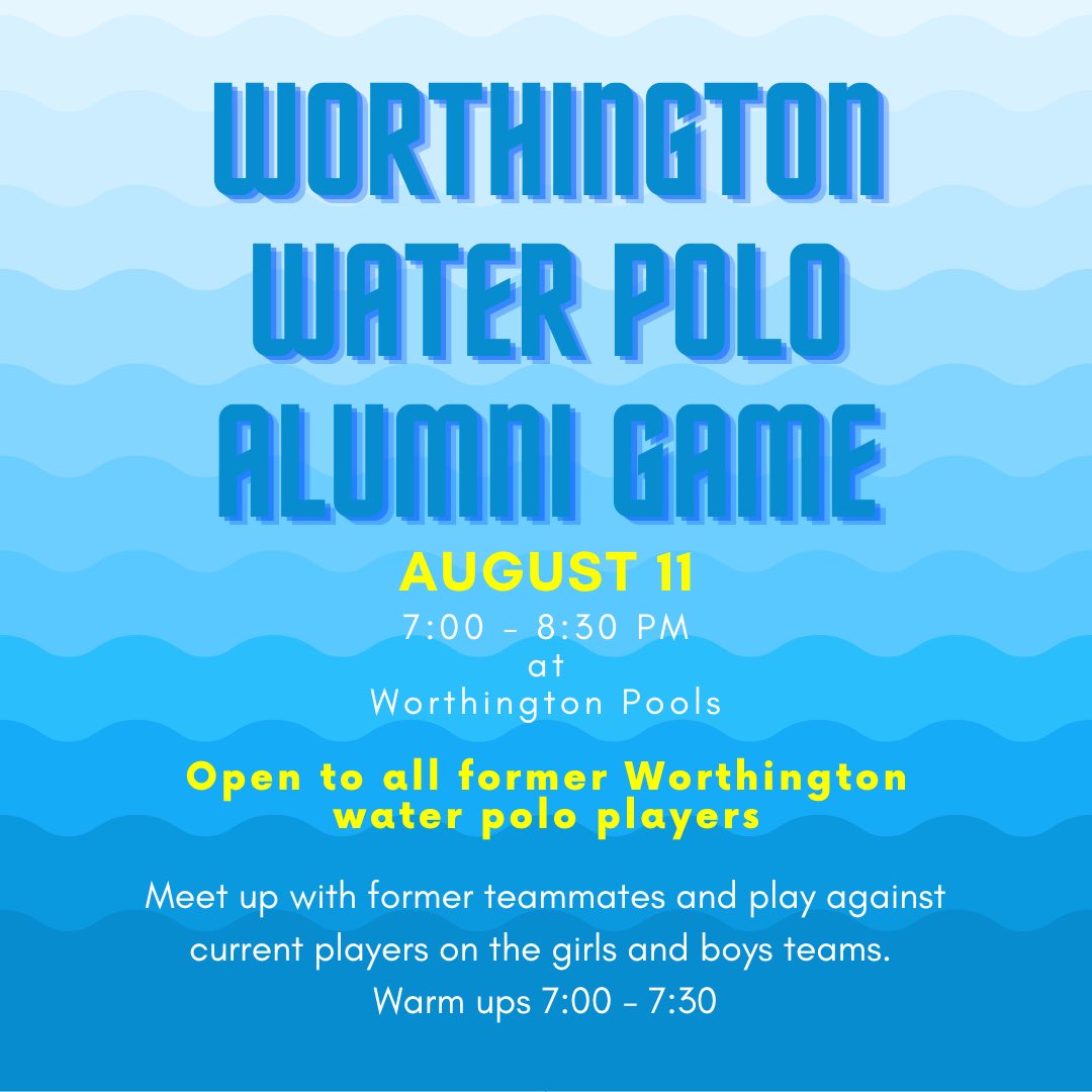 Olivia (@coach_olivia) on Twitter photo Our alumni game is one week from today. Hope to see former players of all ages at Worthington Pool next week! <a href="/wcsdistrict/">Worthington Schools</a> <a href="/TWHSAthletics/">TWHS Athletics</a> <a href="/WKHSWolves/">WKHSWolves</a> <a href="/CardsPolo/">TW Girls Water Polo</a> <a href="/Cardinal_Polo/">TWHS Boys Water Polo</a> <a href="/WKHS_H20Polo/">WKHS Girls H2O Polo</a> Our alumni game is one week from today. Hope to see former players of all ages at Worthington Pool next week! <a href="/wcsdistrict/">Worthington Schools</a> <a href="/TWHSAthletics/">TWHS Athletics</a> <a href="/WKHSWolves/">WKHSWolves</a> <a href="/CardsPolo/">TW Girls Water Polo</a> <a href="/Cardinal_Polo/">TWHS Boys Water Polo</a> <a href="/WKHS_H20Polo/">WKHS Girls H2O Polo</a>