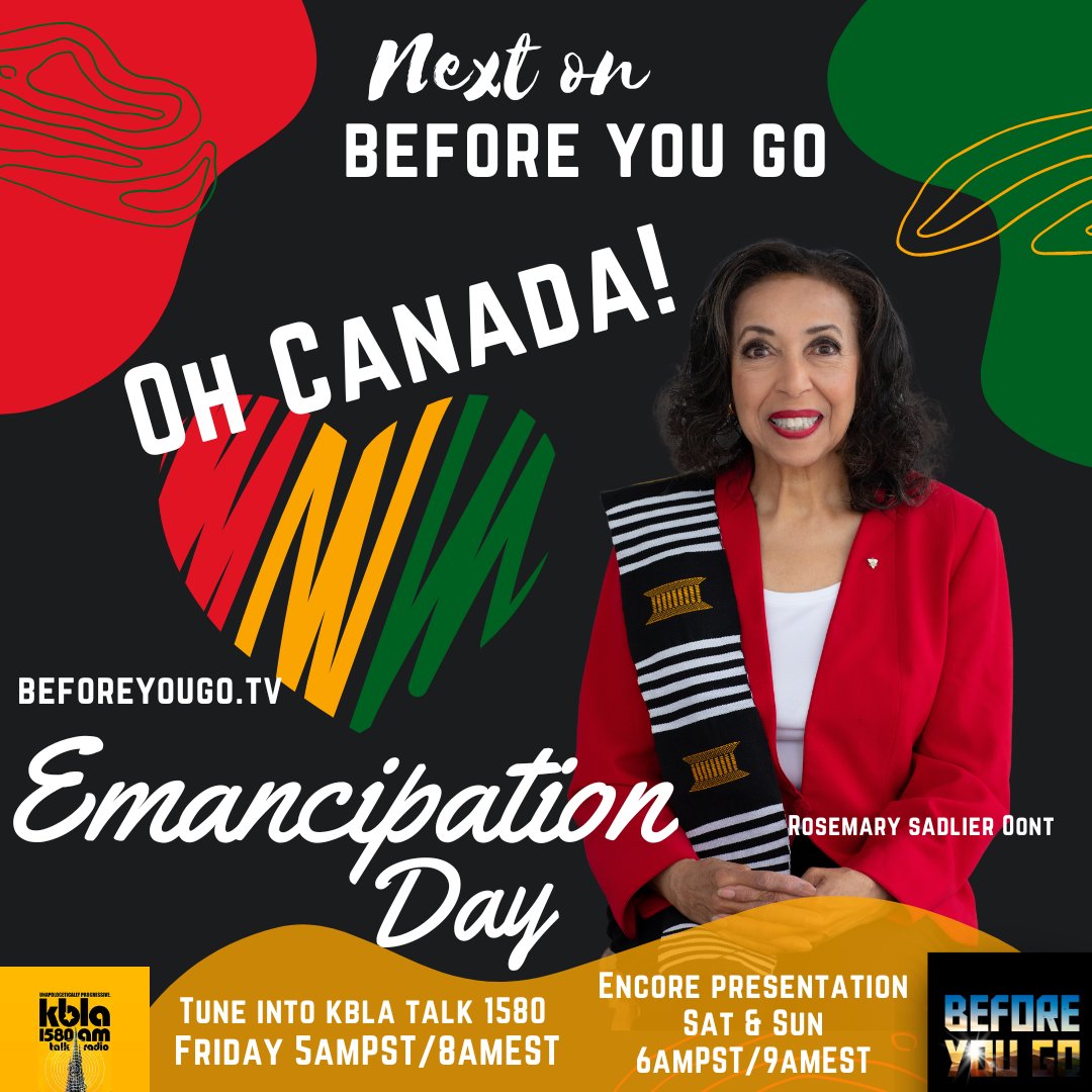 Nicoleedits's tweet photo. Did you celebrate #EmancipationDay this week? #BeforeYouGoTV heads to #Canada to meet Rosemary Sadlier OOnt, who made sure the nation commemorates its African Canadian history. Bring your #Juneteenth vibes! #BeforeYouGo on @KBLA1580! Thank you, @DrVibeShow for the intro! https://t.co/u8m975Et4L