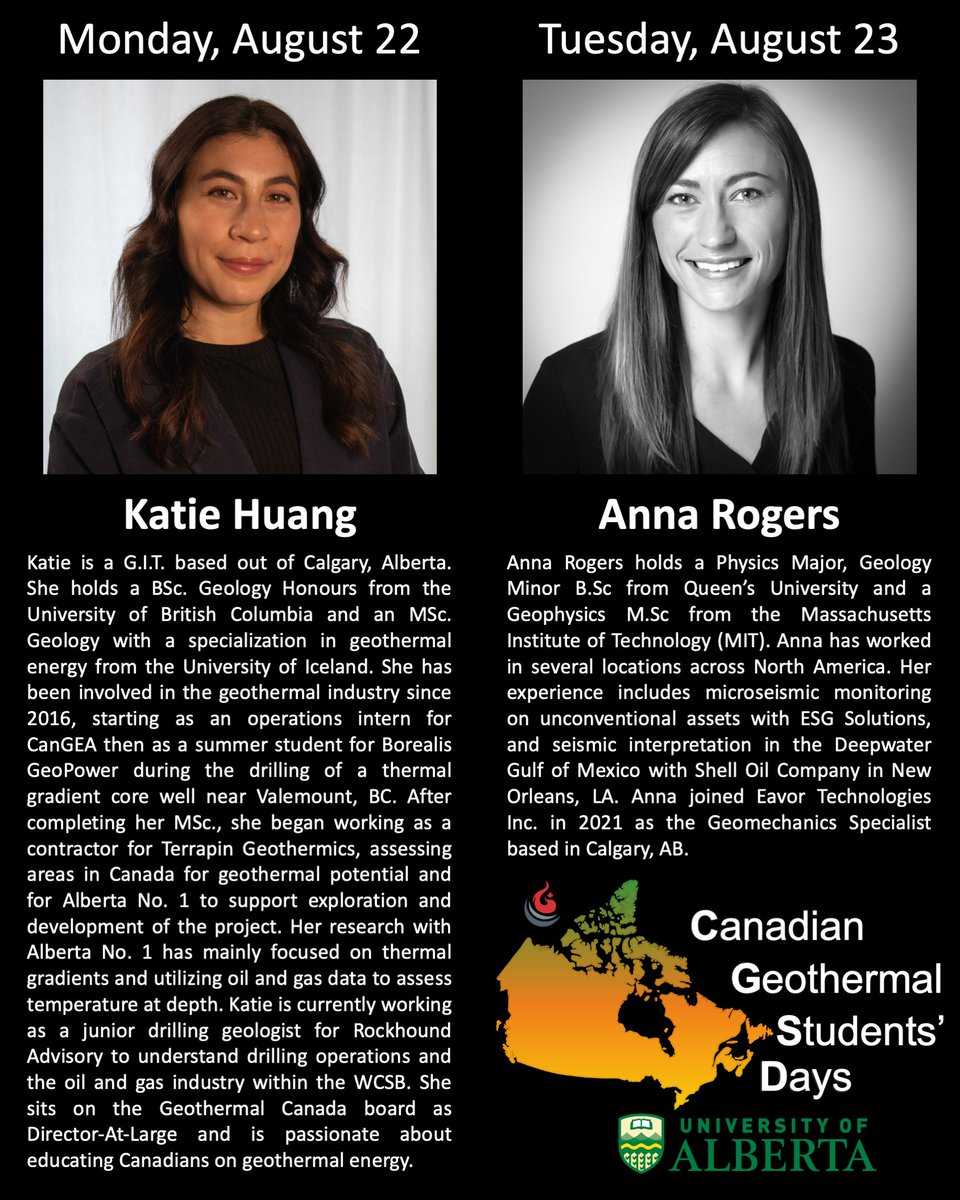 GeoStudentsDays's tweet photo. Meet this year's keynote speakers, Katie Huang and Anna Rogers. We are very excited for these two presentations, along with four sessions of student talks over two days. Come join us! Register here: https://t.co/rvWhXVrunF #Geothermal https://t.co/b5oBSb2glT