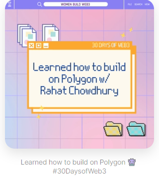 Thanks for kudos..
#30DaysofWeb3
<a href="/womenbuildweb3/">WBW3 - BUIDL Accelerator</a>