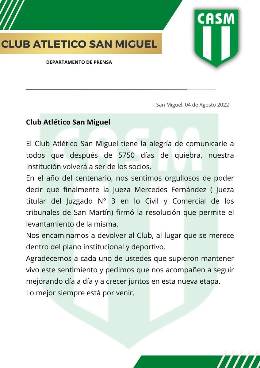 El Club Atlético San Miguel le da la - San Miguel Prensa