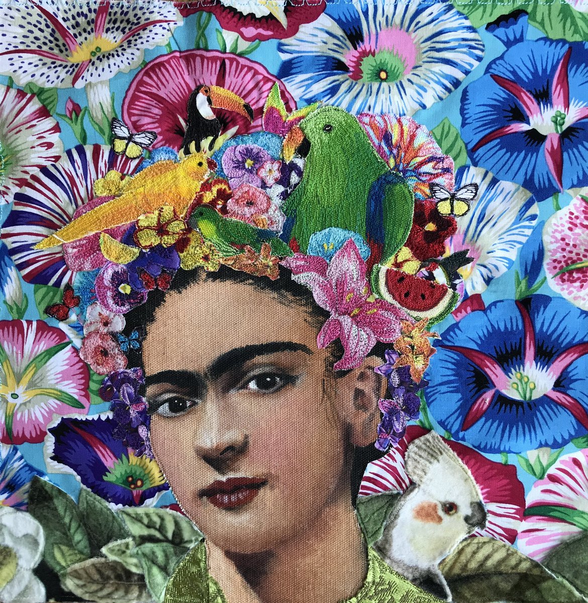 LouSalmon's tweet photo. Some of my free motion embroidery Fridas, they make me smile 🪡🧵🌺 https://t.co/NDrjLNRm3N