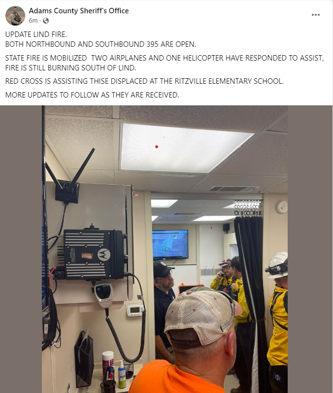waEMD's tweet photo. Update on the Lind Fire from Adams County Sheriff. https://t.co/M9nUVb5Jmp