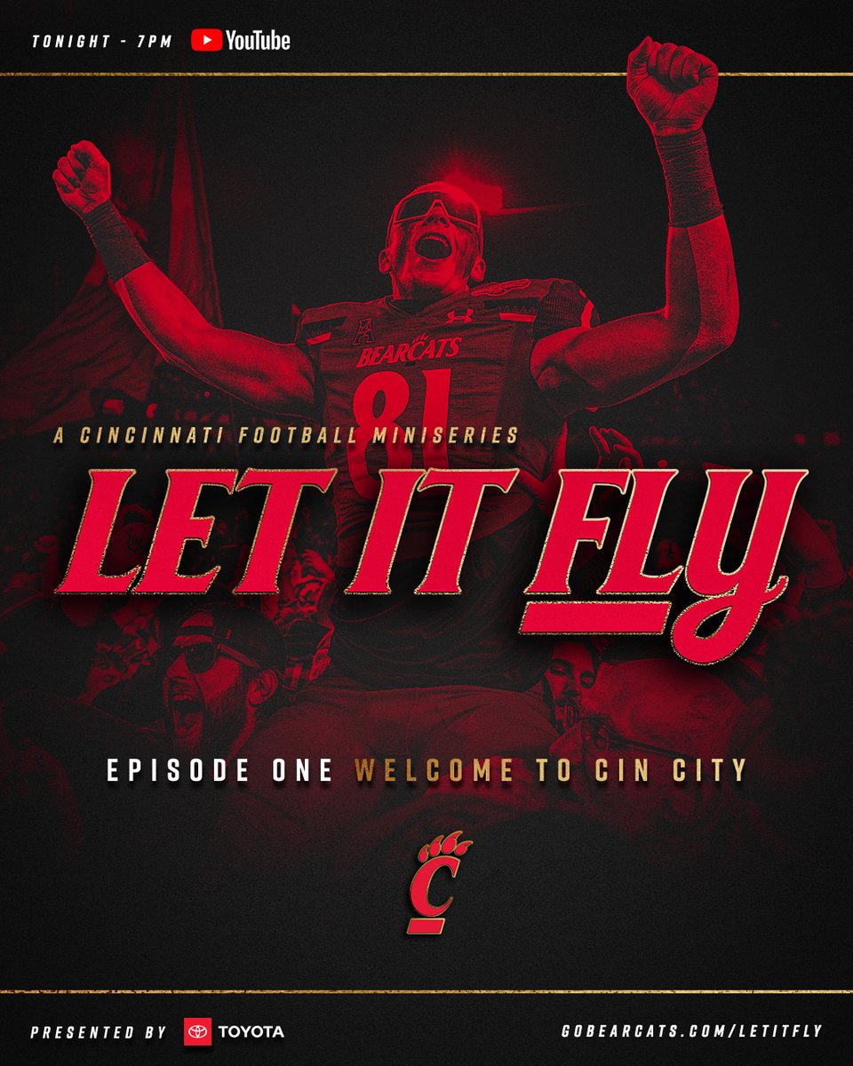 GoBEARCATS's tweet photo. 🚨 WELCOME TO CIN CITY 🚨

LET IT FLY: A @GoBearcatsFB Series is BACK for a brand new season. Episode 1 is streaming now on YouTube! ✈️

📺: https://t.co/fHI9moVVLx
🎟: https://t.co/1ZyRfZrrdy
––presented by @Toyota

#Bearcats | #LetItFly https://t.co/WU5eV0HKG4
