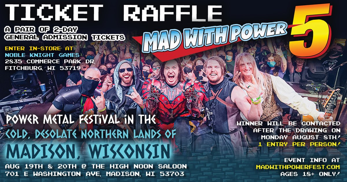 NKGames's tweet photo. #MadWithPowerFest is sold out... But we've got 2 tickets to give away to a lucky metalhead, and it's not too late to enter! Come by the castle to fill out a slip with your info for a chance at 2 solid days of face-melting metal! 🤘🤯🤘 https://t.co/m8utEAFWPp