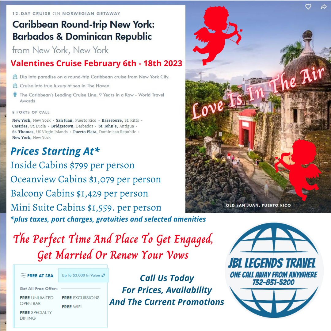 Celebrate #valentinesday on a #cruise from #nyc to the #caribbean
It's the perfect time and place to #getengaged #getmarried #renewyourvows
or just enjoy a #romaticgetaway 
Contact #jbllegendstravel at 732-831-5200 for more information, availability and special promotions,
