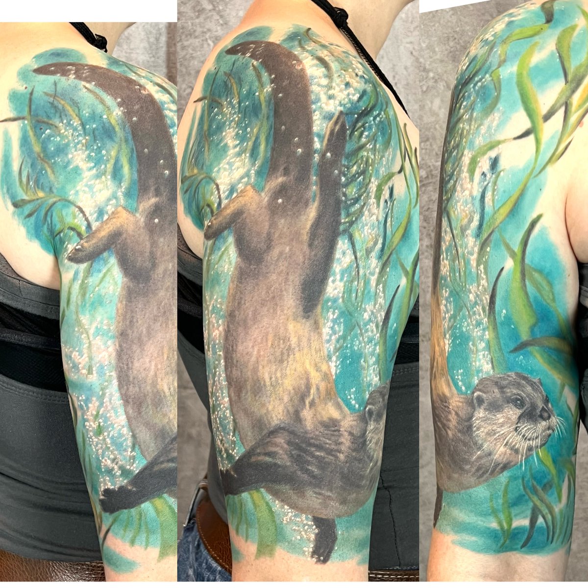 NuclearInk's tweet photo. Here’s an otter-ly adorable new tattoo just completed by Jesse Neese. #otter #animals #color #colortattoo #tattoo #realistic #realistictattoo #Watercolour #healed #halfsleeve #animaltattoo #nuclearink https://t.co/O4RmLV82I3