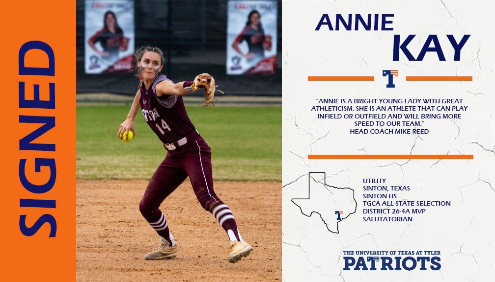 Annie will join the Patriots from Sinton, TX. She had a stellar SR campaign w/ a .512 batting average &amp; 26 SBs. Her efforts landed her as a TGCA all state selection &amp; district MVP, while graduating as Salutatorian of her class. 

Welcome to the Patriots Annie Kay. 

#GOPATS