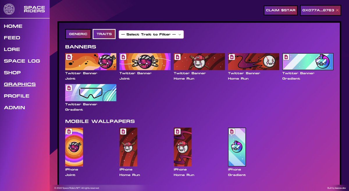 Space Riders Trait Graphics are now live! ✨

👉 app.spaceriders.xyz/graphics

All generic images can be downloaded by holders. Trait images are token gated for specific trait holders only. ⚾️👑💨