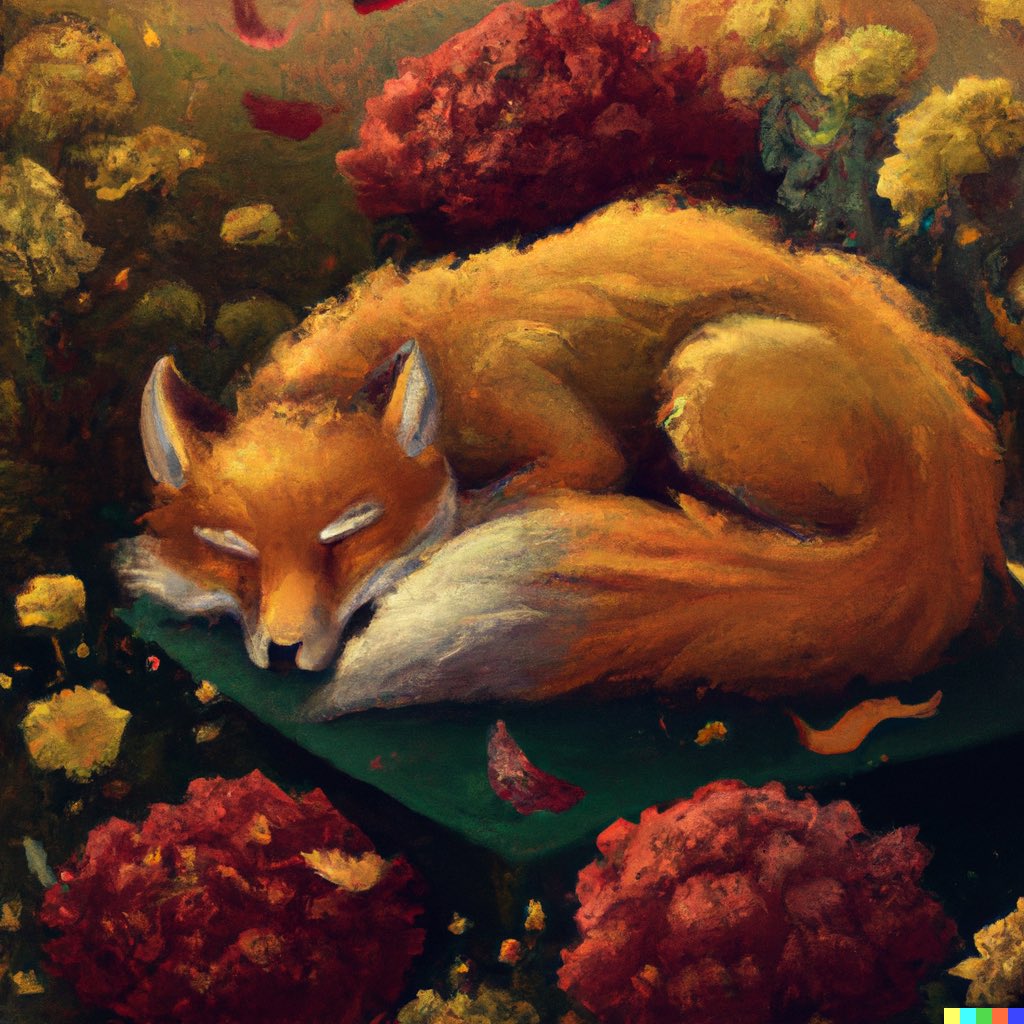 ADORABLE_DALL_E's tweet photo. Currently obsessed with chrysanthemums: "Fox sleeping on a bed of chrysanthemums in the graveyard, digital art" #dalle2 https://t.co/zsHZcxCs7I