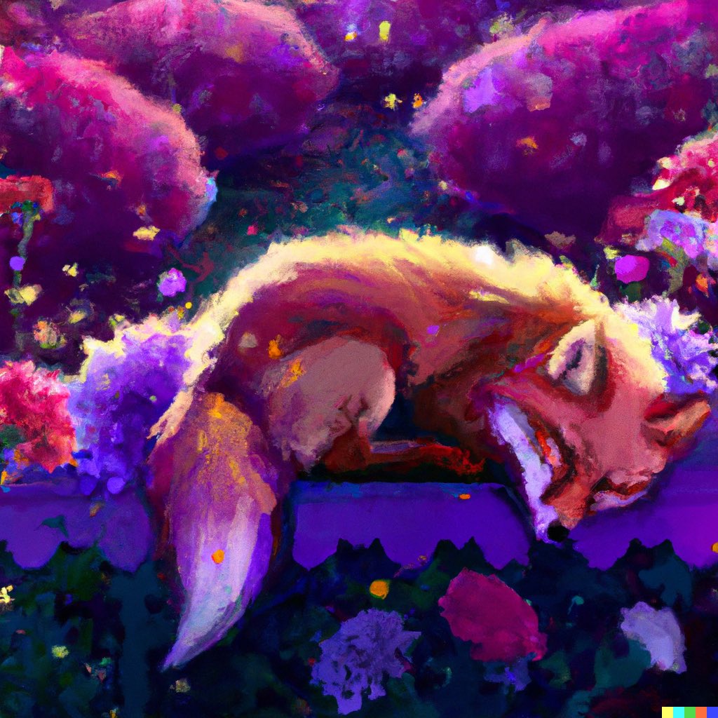 ADORABLE_DALL_E's tweet photo. Tried adding vaporwave again to change the palette, was pleasantly surprised!: "Fox sleeping on a bed of chrysanthemums in the graveyard, digital art, vaporwave" #dalle2 https://t.co/nAgK2jzXkv