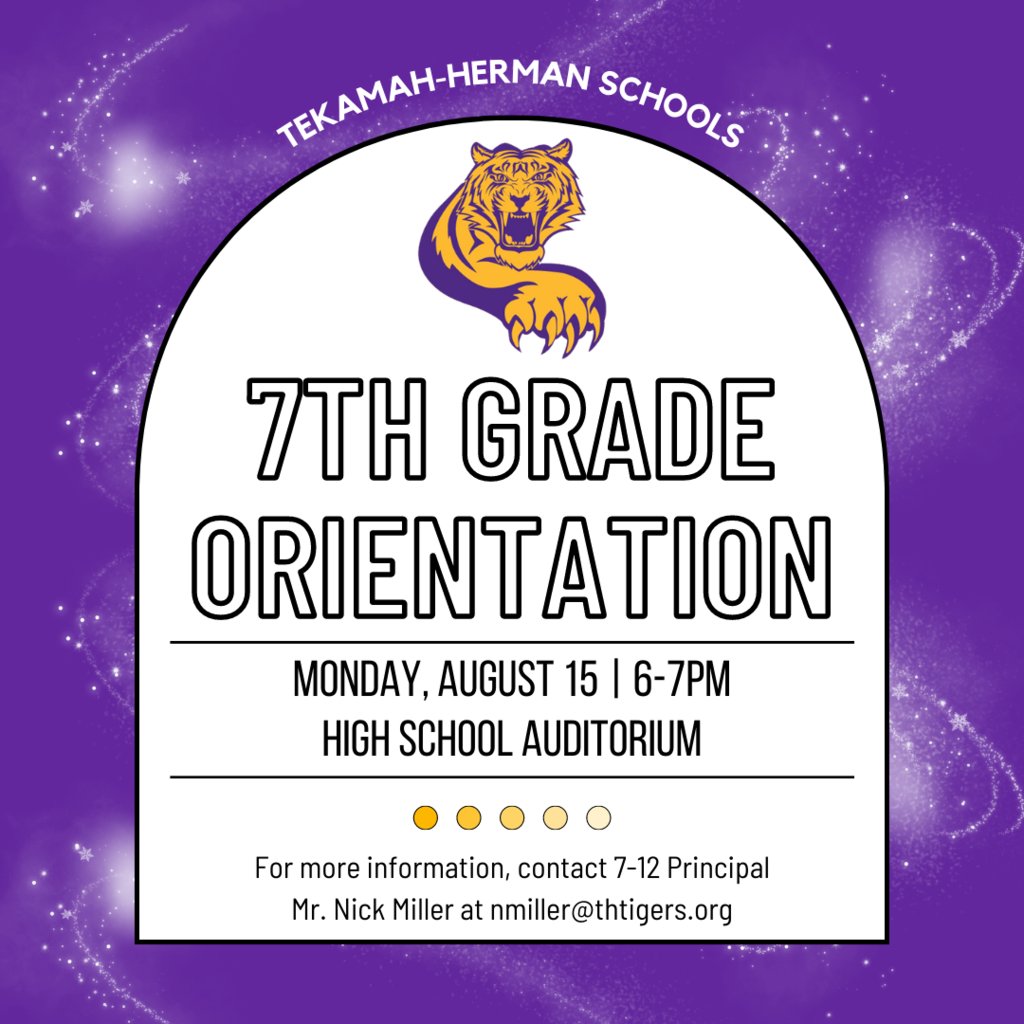 Incoming 7th graders and their parents are encouraged to attend orientation and open house on Monday, August 15th beginning at 6pm.