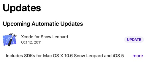 Admore's tweet photo. Apple bringing Snow Leopard back? So weird that the App Store has this under “Upcoming Automatic Updates” https://t.co/g4Mp1t0XDU