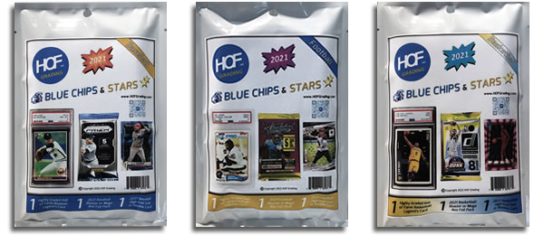 HOF_Grading's tweet image. HOF Grading is excited to announce its "BLUE CHIPS &amp;amp; STARS" hanger pack product family (Baseball/Football/Basketball), available on-line tomorrow 8/5/22!  Each hanger pack contains:

- (1) Highly Graded Hall of Fame Card
- (1) 2021 Blaster/Mega Pack
- (1) 2021  Star/Rookie Card