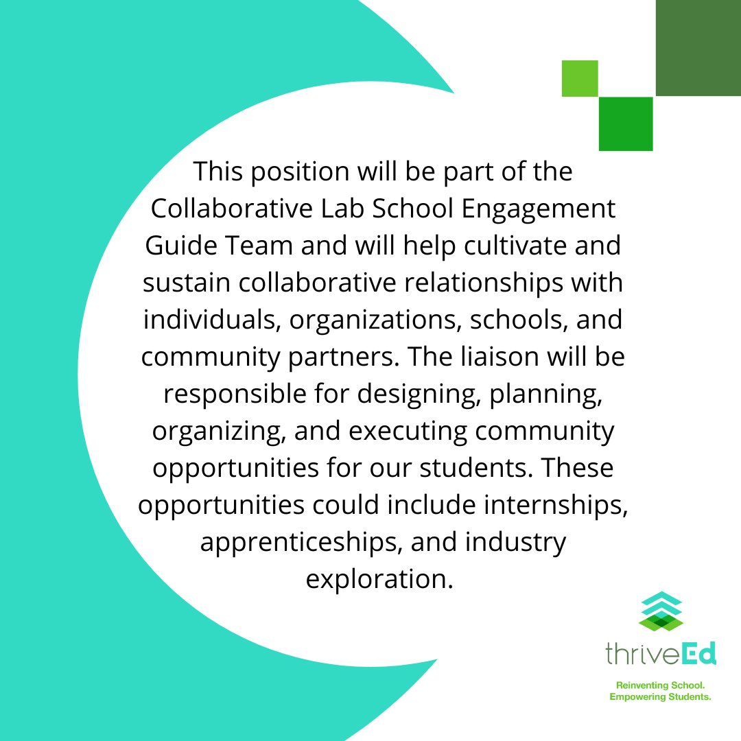 ThriveEd1's tweet photo. Today, this amazing team of educators and students interviewed candidates for our Community Opportunities Liaison! We are very excited for this position and can’t wait to see what opportunities they create for our students!
#internships #community #jobexploration https://t.co/OJm2A3UOxS