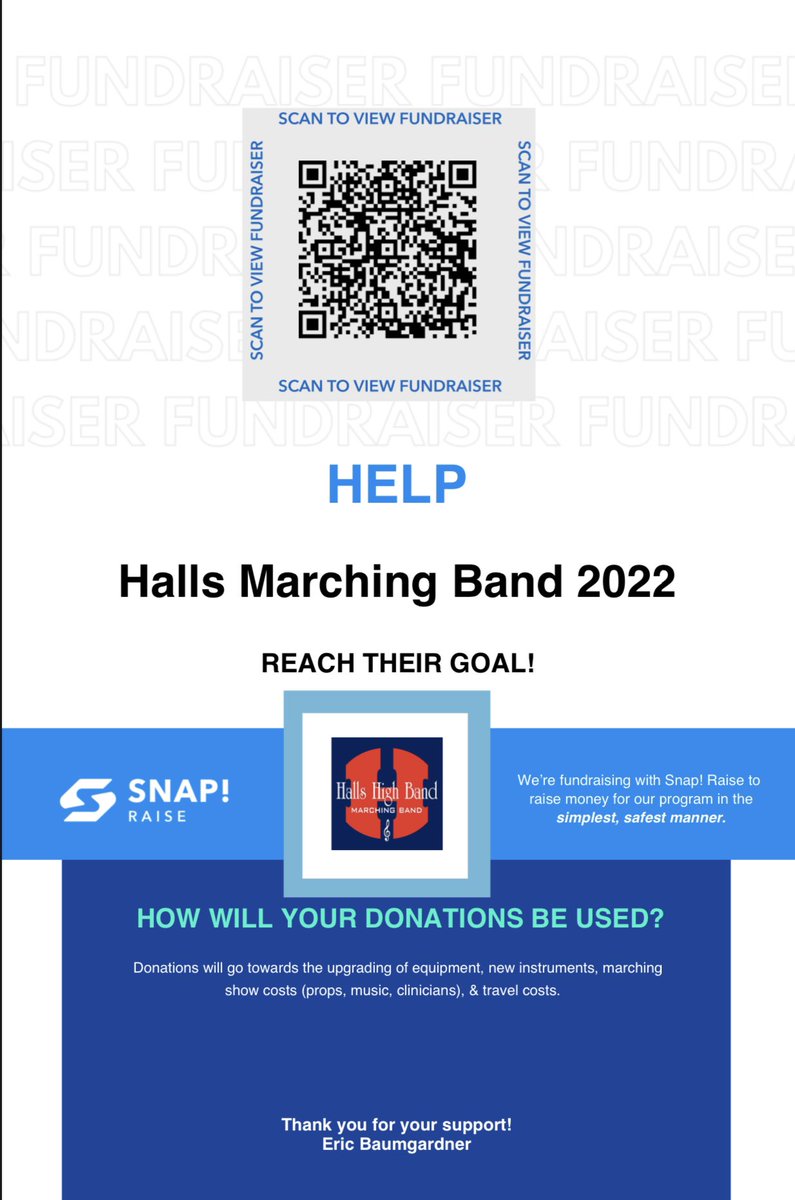 Help Halls Marching Band 2022 reach their goal! Will you consider donating? snap-raise.com/fundraisers/ha…