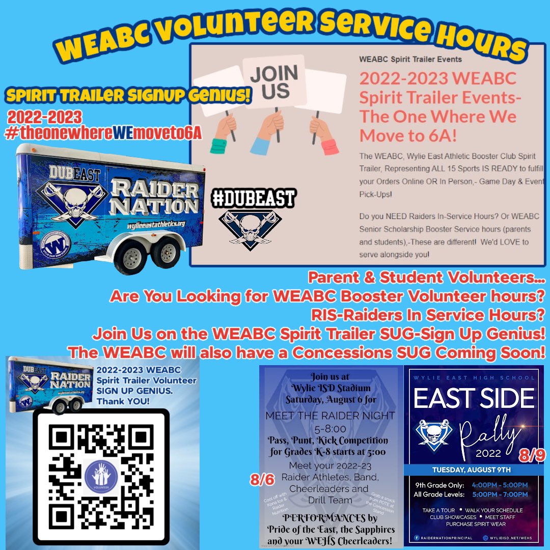 🖐🏽🫶🏼💪🏽👑Parent &amp; Student Volunteers🖐🏽🫶🏼💪🏽👑...
Are You Looking for WEABC Booster Volunteer hours? 
RIS-Raiders In Service Hours?
Join Us on the WEABC Spirit Trailer SUG-Sign Up Genius!
The WEABC will also have a Concessions SUG Coming Soon!
FOLLOW The QR Code for the ST SUG Link